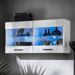 Vitrine Murale Komodee SAVONA - LED bleues - Blanc Brillant et Blanc - Facades Brillant - 100 x 50 x 30 cm