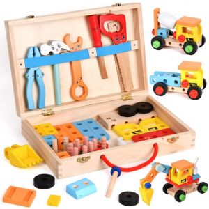 Caisse &agrave; Outils Enfant  Jouets en Bois Boite a Outil Enfant DIY Jeux de Construction Enfant pour Gar&ccedil;ons Filles de 3 Ans