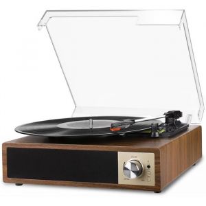 Platine vinyle Bluetooth 5.4haut-parleurs st&eacute;r&eacute;o int&eacute;gr&eacute;s3 vitesses (33/45/78 trs)USBRCAentr&eacute;e/sortie Auxbrun