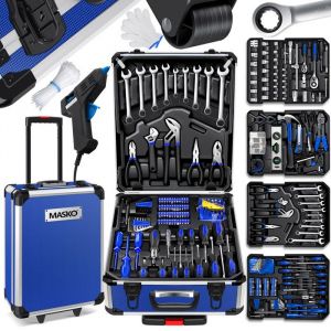 MASKO® Valise à Outils 969 Pièces  Mallette à Outils Set en Aluminium Coffret Boîte à Outils avec Roulettes pour Bricolage Bleu