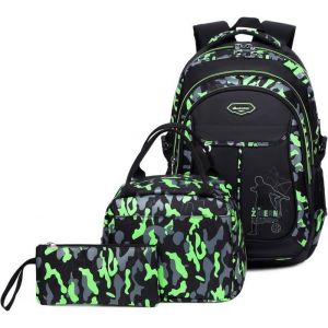 Sac a Dos Garcon Cartable Camouflage Sets de Sacs Scolaires 3 en 1 Grande capacité Sac d Ecole École Intermédiaire Secondaire Vert