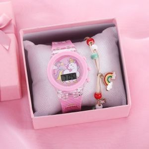 SHARPHY Coffret montre enfant fille + bracelet arc-en-ciel – lumineux LED numérique licorne bracelet en silicone mignonne rose