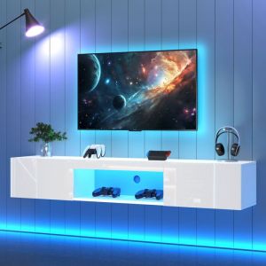 Meuble TV 160cm Suspendu Flottant avec Lumi&egrave;re dAmbiance. Design Moderne Blanc Laqu&eacute; Rangement Mural pour Salon