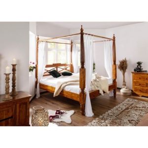 Lit &agrave; baldaquin 140x200 - Bois massif dacacia laqu&eacute; (Miel) - Style colonial - OXFORD #0244