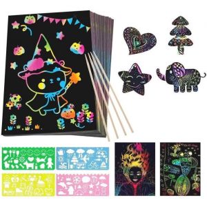 Dessin Carte &agrave; Gratter pour Enfants50 Feuille Noir a Gratter Magique et 5 Stylet en bois &agrave; Gratteravec 4 R&egrave;gles de Gabarit Pour