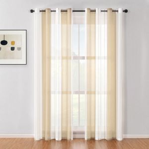 Caldion 2 Pièces de Rideaux Voilage Blanc et Beige 140x240 cm Fils Teints Rayé à Oeillets Rideau Tamisant Grande Hauteur Élégant