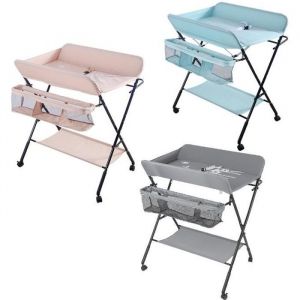 Table à Langer - Mixte - Pliante - Gris - Hauteur Réglable - Avec Roulettes et Panier de Rangement