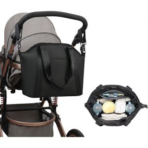Sac &agrave; langer isotherme en cuir PU noir - Sac de rangement imperm&eacute;able - Sac &agrave; langer pour poussette - Organisateur de voyage pour