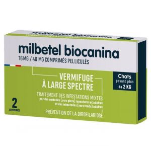Vermifuge pour chat - Biocanina - Milbetel - 2 comprim&eacute;s - +2kg - Cestodes et n&eacute;matodes