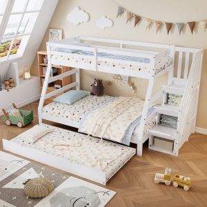 Lit superposé 90/120x200CM avec lit gigogne lit enfant avec armoire échelle et main courante blanc