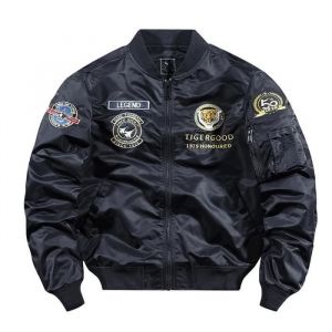 Blouson Bomber Veste Aviateur Homme Printemps et Automne Veste Zippee Broderie Col Officier - Noir