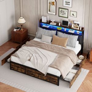 160x200cm Double lit coffre en cuir artificiel cadre de lit avec base de latte LED r&eacute;glable USB et 4 tiroirs de rangement