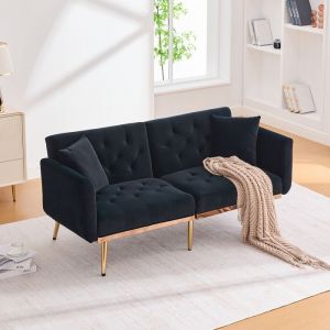 Canap&eacute; 2 Places - Velours Noir - Dossier R&eacute;glable - Pieds M&eacute;tal - Compact