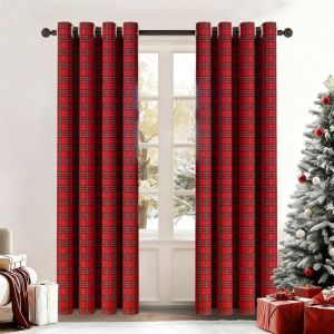 QELUS 2 Panneaux de Rideaux &agrave; Carreaux D&eacute;coration de No&euml;l Rideau &agrave; Oeillets Isolant Thermique pour Salon Chambre Rouge 132x160cm