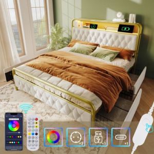 Lit double capitonné - Non spécifié - 180x200 cm - Tissu Velours Doux Blanc - 4 tiroirs - LED multicolore