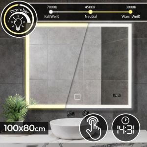 Miroir de Salle de Bain LED Aquamarin - 100x80 cm, Éclairage Blanc Froid ou Chaud