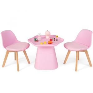 COSTWAY Ensemble de Table Enfant et 2 Chaises avec Pieds en Bois Dossier Ergonomique & Coussin en Forme Fleur pour 3-8 Ans