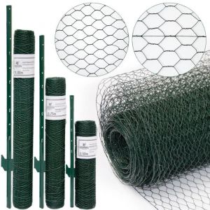 Grillage à mailles hexagonales + Poteaux  Rouleau de 20m  Hauteur 05m  Maillage 13x13mm  Incl 16 Poteaux 80cm de haut
