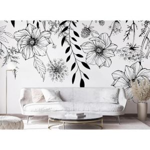 Papier peint intiss&eacute; Fleurs Nature 300x210 cm D&eacute;coration Murale XXL Poster Tableaux Muraux Tapisserie Photo Feuillage noir blanc