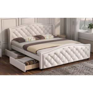 Lit rembourr&eacute; 160 x 200 cm - Lit avec sommier &agrave; lattes 2 tiroirs et t&ecirc;te de lit avec rivets &agrave; points de traction - Bois & Similic