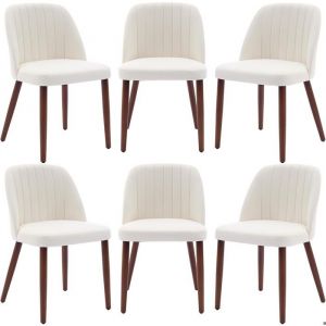 Lot de 6 chaises de salle &agrave; manger - TOYS S - rembourr&eacute;es - dossier haut - pieds en BOIS et tissu effet velours -BLANC