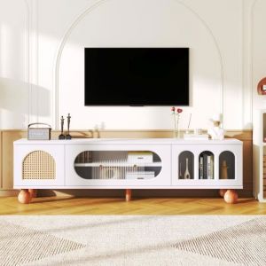Meuble TV - Meuble Tele Avec porte en rotin porte coulissante en verre trois zones arquées ouvertes blanc