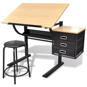 AKOZON Table &agrave; dessin inclinable &agrave; 3 tiroirs avec tabouret - AKO7646491854536