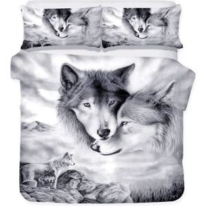 Linge de Lit Loup Motif Nordique Housse de Couette 140 x 200 cm + 1 Taies doreiller 48 x 74 cm-Set de couette imprimé