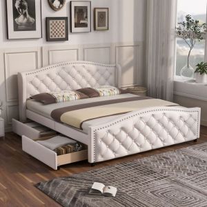 Lit double blanc 160x200 cm - Sommier lattes 2 tiroirs tête de lit rivets - Simili cuir & bois - Jeune/appoint - Sans matelas