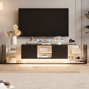 Meuble TV LED Noir Brillant Meuble tele bas avec &eacute;tag&egrave;res ouvertes en verre et 2 tiroirs Moderne meuble de salon Style