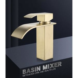 LEYSHOP Robinet de Lavabo - Bec Cascade Robinet Salle de Bain pour Vasque à Poser Mitigeur de Baignoire Lavabo Carré Doré Moderne