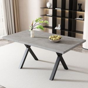 Table &agrave; manger - design jambes crois&eacute;es basse rectangulaire simple moderne en fer forg&eacute; L140xW80xH76cm aspect b&eacute;ton+noir