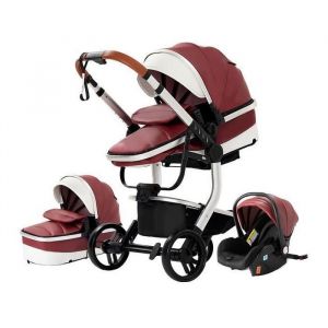 Poussette 3 en 1 Bébé Combinée Siège-Auto Nacelle Trio Réversible cuir pu Roues increvables Canne rouge.bazarland3