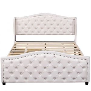 Lit capitonn&eacute; 180 x 200 cm avec tiroirs et t&ecirc;te de lit rivet&eacute;e Bois & simili cuir - Blanc