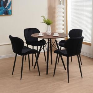 Ensemble repas table ronde noyer + 4 chaises velours noires - SCANDI