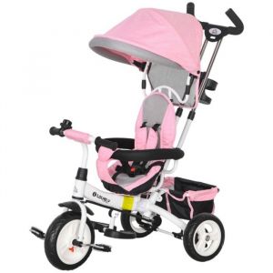 Tricycle b&eacute;b&eacute; 6 en 1 &eacute;volutif avec canne pouss&eacute;e capote harnais s&eacute;curit&eacute; et panier - Enfant 1 2 3 4 5 ans - Rose