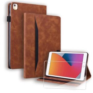 Verre tremp&eacute; + Coque Pour iPad 9e-8e-7e G&eacute;n&eacute;ration (2021-2020-2019) iPad 10.2 Housse Tablette &eacute;tui marron de Cover Protection