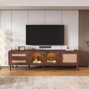 Grand Meuble TV Vintage Armoire pour télé 80 - 2 Tiroirs en Rotin - Portes en Verre bombé Eclairage LED Banc TV Marron 180 cm