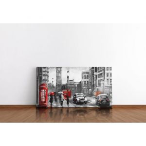 Impression sur Toile 120x60cm sans cadre  Tableau mural Londres intemporel en noir et blanc avec des accents rouges toile moderne