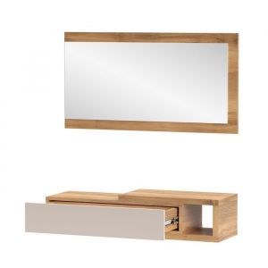 Console meuble dentr&eacute;e avec 1 tiroir et miroir coloris Beige/ch&ecirc;ne Mauvella - Longueur 915 x Hauteur 70 x Profondeur 26 cm