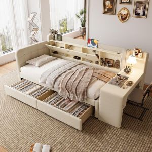 Lit 90&times;200 cm combin&eacute; beige canap&eacute;-lit avec 2 tiroirs bureau USB/Type C rangement et sommier &agrave; lattes