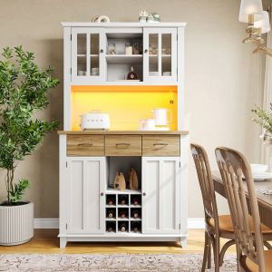 Vaisselier Buffet de cuisine avec éléments hauts et vitrine Eclairage LED Tablettes réglables Tiroirs - SWEIKO - bois Blanc