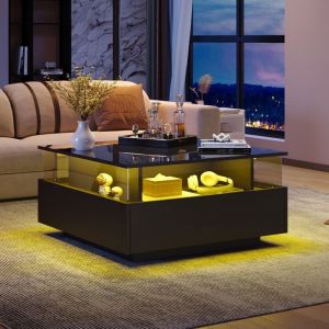 Table basse Carr&eacute;e avec LED2 Tiroirs et Compartiments RangementMeuble salonTable dappoint Moderne 70x70x41cmNoir brillant