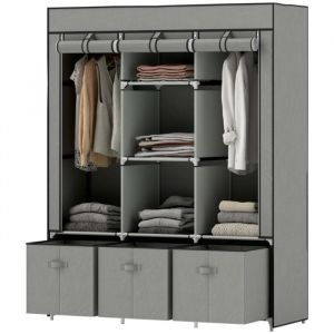 Penderie Souple pliante tissu gris clair avec penderie et tiroirs - Rangement dressing chambre - Fermeture &eacute;clair - 425x43x1625cm