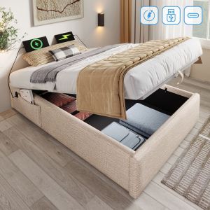 Lit Tapissé 1 personne 90×190 cm Lit de rangement Cadre de lit avec USB- C et sommier à lattes Sans tête de lit Beige+Natural
