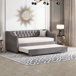 Lit Gigogne 90x200 cm avec Roulettes Cadre de Lit Structure Lit Banquette Lit de Repos Lit Gigogne Canapé-lit en Lin Gris