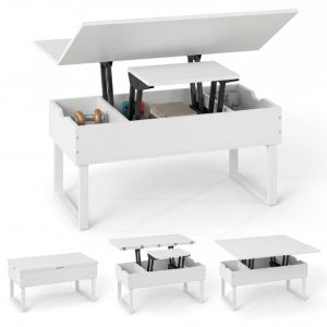 3 en 1 Table Basse &agrave; Plateau Relevable COSTWAY 3 Compartiments de Rangement Cach&eacute;s 100x50x49 cm Table Convertible de Salon Blanc