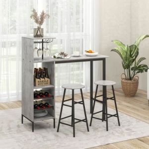 GIANTEX Ensemble Table Haute avec 2 Tabourets de Bar,Mange Debout avec 6 Étagères et Porte-Bouteilles,pour Salle à Manger,Gris