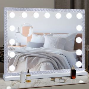 Miroir de Maquillage Hollywood 15 LED RVB Diamant Miroir 3 Modes Réglable Écran Tactile 10x Loupe Blanc