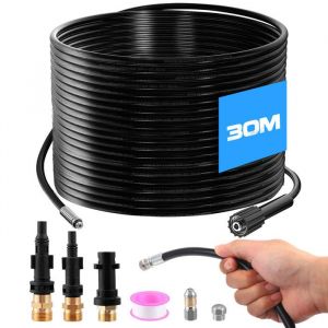 Tuyau de d&eacute;bouchage haute pression 15m 30m pour K&auml;rcher K2-K7 Lavor Bosch & Parkside. 3 adaptateurs 2 buses et ruban t&eacute;flon(30M)